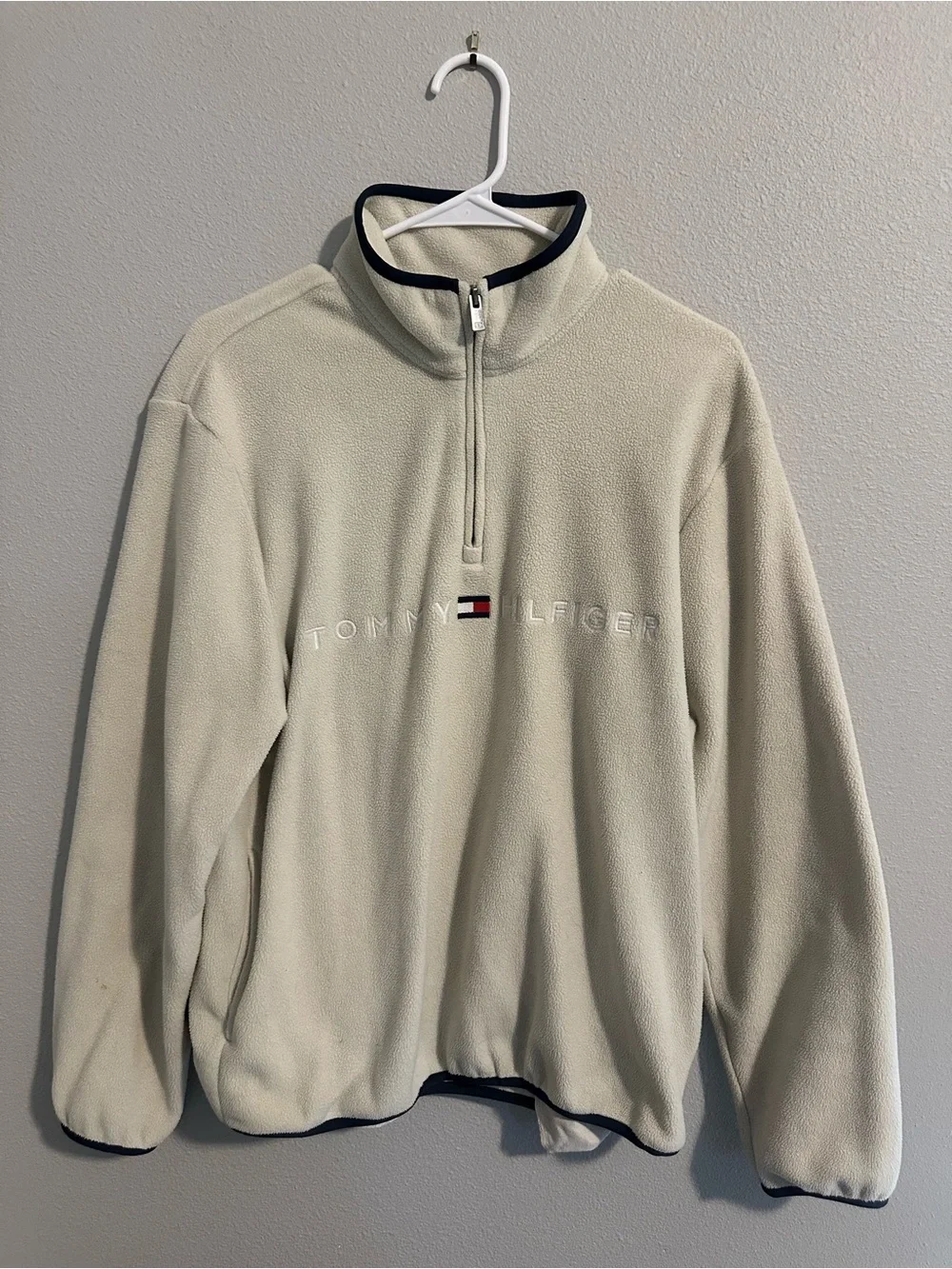 Tommy Hilfiger Men's Cream Quarter-Zip Fleece with Navy Trim
